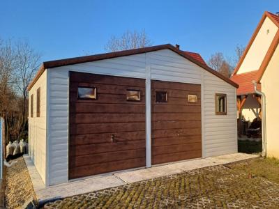 9x6 Giebel SUPERLINE-PLUS weiß + dunkler Nussbaum + Fenster
