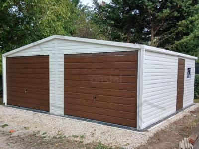 6,5x5 Giebel SUPERLINE-PLUS weiß + dunkler Nussbaum + Tür + Fenster